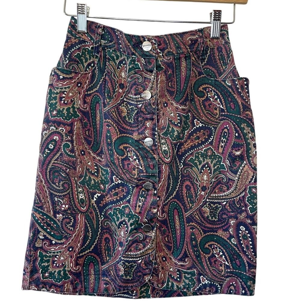 VTG RoughRider by Circle T Purple Paisley Button Up Denim Mini Skirt Size 2